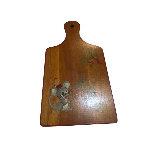 Retro Hand-Painted Wooden Cheese Board With Mouse & Berry Design - Picture 2 of 7